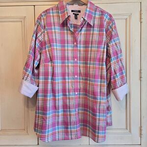 Chaps No Iron Pink Plaid Button Down Shirt 2X